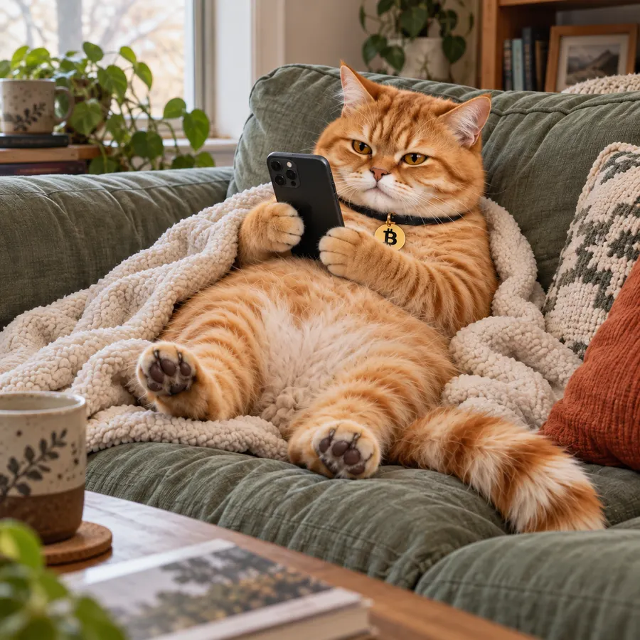 The same SATS cat using his phone under a blanket on the sofa.
