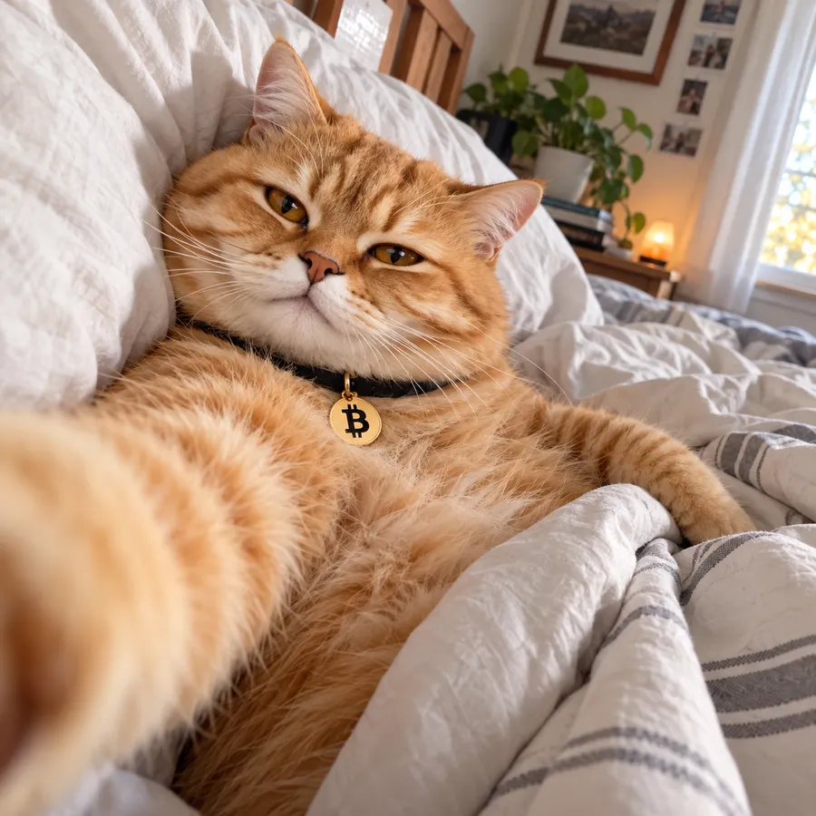 The same sleepy SATS cat taking a selfie from bed.