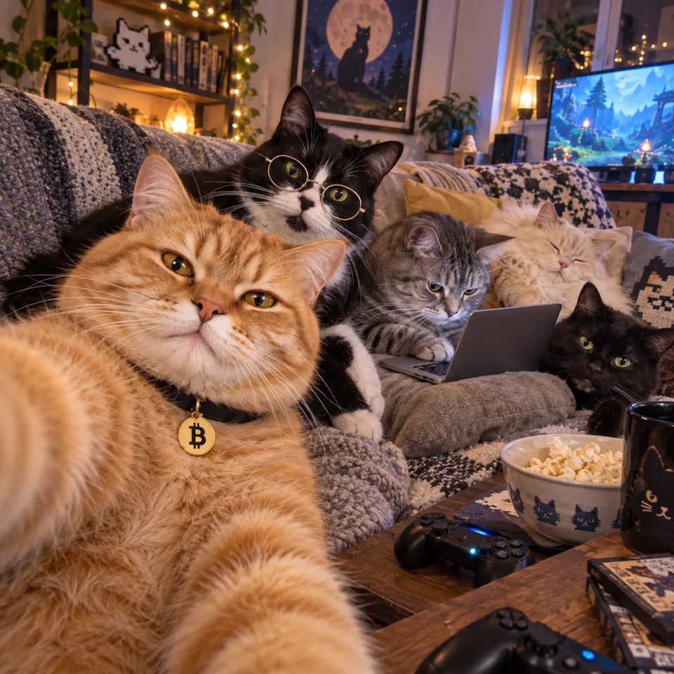 The SATS cat taking a cozy nerd-party selfie with four feline friends on the sofa.